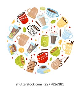 Hot Winter Drinks Round Composition Design with Mug Vector Template