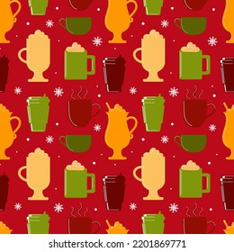Hot winter drinks. Seamless pattern with silhouettes of coffee, cocoa, cappuccino. White snowflakes on a red background. In festive Christmas colors. For wallpaper, fabric, wrapping, background.