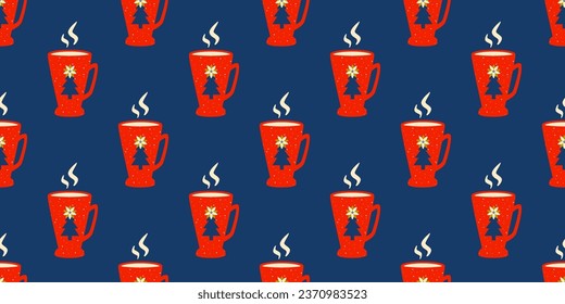 Hot winter drinks seamless pattern. Red mugs with warm beverage.
Coffee, chocolate, cacao. Christmas and New Year season. Retro vintage nostalgia. Endless background, banner, wrapping paper.