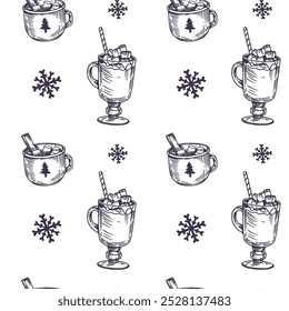 Hot winter drinks, seamless pattern, cocoa, chocolate, mugs, sketch, engraving, illustration, monochrome vector drawing