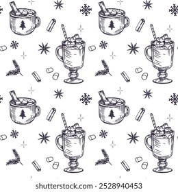 Hot winter drinks, seamless pattern, cocoa, chocolate, mugs, sketch, engraving, illustration, monochrome vector drawing