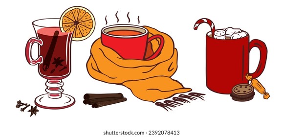 Hot winter drinks set. Hand drawn cup, mug, glass illustration . Christmas winter mood doodle vector Mug with cocoa, tea, coffee  mulled wine, cookie. Concept for cafe, poster, recipes, cookbook