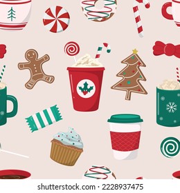 Hot winter drinks, sweets, and cookies seamless pattern on beige background. Coffee with cream, cocoa with marshmallows, cupcakes, donuts, and cookies. Holiday themed digital paper.