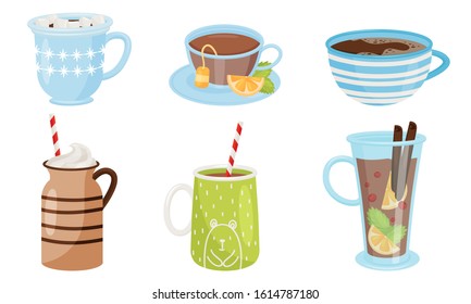 Hot Winter Drinks with Whipped Cream and Marshmallows Vector Set