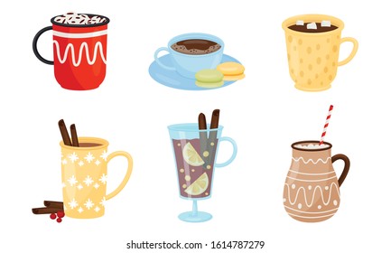 Hot Winter Drinks with Whipped Cream and Marshmallows Vector Set