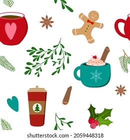 Hot winter holiday drinks in mugs and cup, cartoon gingerbread man, mistletoe, spruce, holly branches. Isolated on white background. Christmas invitation design template.