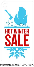 Hot winter sale sticker. Bonfire, snowflake, tree stump, axe. Winter, christmas, new year. Vector line Illustration. Web banners, advertisements brochures templates. Isolated on a white background