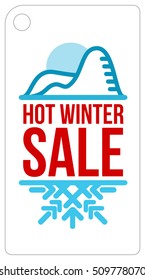 Hot winter sale sticker. Mountains, sun, snow, snowflake. Winter, christmas, new year. Vector line Illustration. Web banners, advertisements, templates. Isolated on a white background