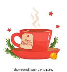 Hot winter tea or chocolate in a red cup with berry, fir branch and Christmas label. Christmas mood concept. Vector illustration.