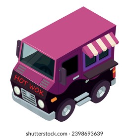 Icono de trabajo en caliente vector isométrico. Vehículo retro brillante vendiendo trabajo caliente en la calle. Concepto de comida callejera