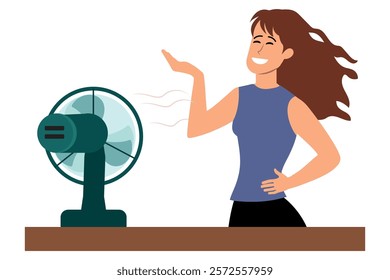 Hot woman enjoying the functionality of a fan, person cooling down with fan. vector illustration.