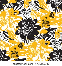 Hot yellow and black summer mood floral seamless pattern for background, fabric, textile, wrap, surface, web and print design. Decorative hand drawn abstract flowers.