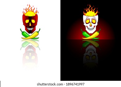 Hot Yellow, green mexican chili peppers on the background of burning skull. Super Hot peppers. Logo for spicy hot Mexican, Indian dishes, sauces, cooking. With mirror reflection in two design options