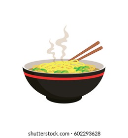 hot yellow noodle soup in chinese bowl and chopstick on white background. vector illustration