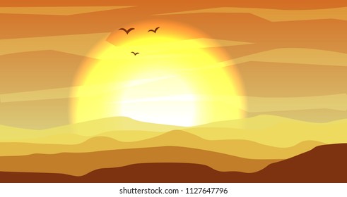 Hot yellow and orange desert panoramic landscape with dunes and sunset, sundown in gold yellow colors. Calm desert background, dune and hills. Game deserts scene with big sun, birds and clouds