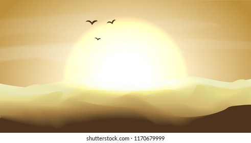 Hot yellow and orange empty desert panoramic landscape with dunes and sunset, sundown in gold yellow colors. Calm desert background, dune and hills. Game deserts scene with big sun, birds and clouds