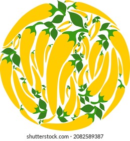 Hot yellow peppers in a circle.  Vector flat design template. Background of food, gardening or horticulture.