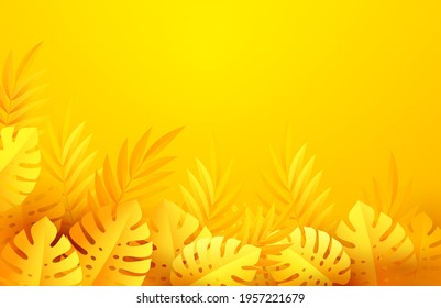 Hot yellow Summer Tropical Leaves. Paper cut style. Monstera and palm leaf. Tropic border. Vector illustration.