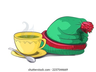 Hot yellow tea cup and winter hats drawing