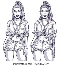 Hot young girl monochrome emblem in clothes for disco in nightclub or dance festival and student party vector illustration