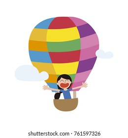 Hot-air ballon in flight with child. Children's illustrations. Isolated on white background.