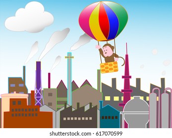 The hot-air balloon of the monkey flying in the industrial area.