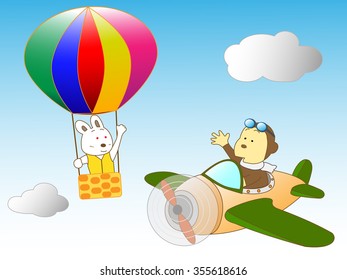 A hot-air balloon and propeller animals having an adventure by air.