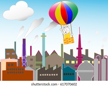 The hot-air balloon of the rabbit flying in the industrial area.