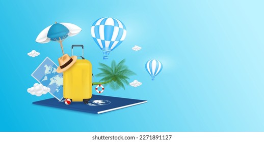 Globos al aire libre azul sobrevolando el coco con nubes y equipaje amarillo en el pasaporte. Diseño de pancartas de viajes. para hacer turismo de medios publicitarios. Concepto de transporte de viajes. EPS10 vectores 3D.