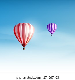 Hot-air balloons in the cloudy blue sky. Realistic Vector illustration (not traced)