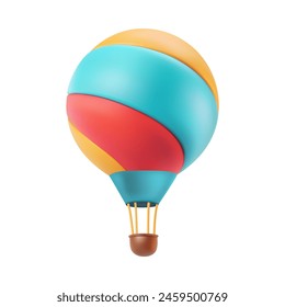 Hotair baloon romantic festival 3d vector illustration. Round bright sky travel aerostat. Gas inflated striped flight air balloon rising up. Cartoon dreamy adventure concept. Red blue yellow airship