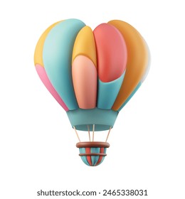 Hotair baloon romantic festival 3d vector illustration. Heart shaped pastel bright love sky travel aerostat. Gas inflated striped flight balloon rising up to air. Cartoon dreamy adventure concept.