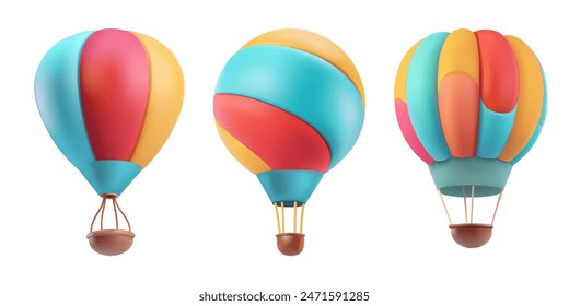 Hotair baloon romantic festival 3d vector illustration. Round bright sky travel aerostat. Gas inflated striped flight air balloon rising up. Cartoon dreamy adventure concept. Red blue yellow airship