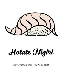 Hotate nigiri sushi with Scallop and rice wrapped in nori seaweed. Japanese outline vector hand drawn sushi rolls illustration isolated on white for sushi menu, restaurant, site.