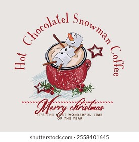 Hot-Chocolate snowman coffee , a few pretzel sticks, a touch of melted chocolate, and snowman. Seasonal flavored products, cards t-shirt print for New Year or winter holidays. Vector flat illustration