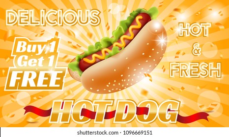 Hotdog Ad Poster, Lettuce Leaves, Sausage, Bun, Sesame Seeds, Mustard, Background with Beams and Golden Confetti, Design Ads Template, Promotion Banner, Food Concept, Hand Drawn Vector Illustration