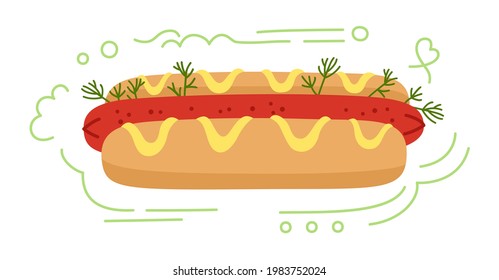 Hotdog American Fast food. Hand drawn cartoon hot dog bun, mustard salad and greens. Menu delicious fast food for menu, poster, card, banner, flyer. Tasty unhealthy lunch. Vector illustration