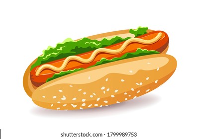 Hotdog American fast food con diseño de lechuga y salchichas. aislado en fondo blanco Ilustración vectorial Eps 10