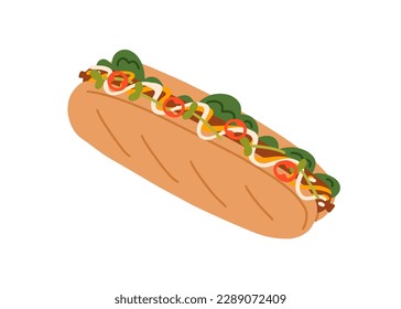 Hot-dog, american sandwich with meat sausage and vegetables between long buns. Hotdog, street fast food, snack with tasty filling, chicken, sauce. Flat vector illustration isolated on white background