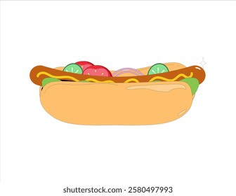 Hot-dog, american sandwich with meat sausage and vegetables between long buns. Hotdog, street fast food, snack with tasty filling, chicken, sauce. Flat vector illustration isolated on white background