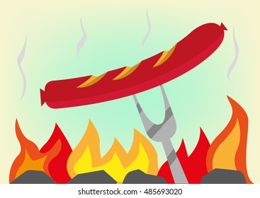 Hotdog being cooked over a charcoal, smoke and flame. Editable Clip Art.