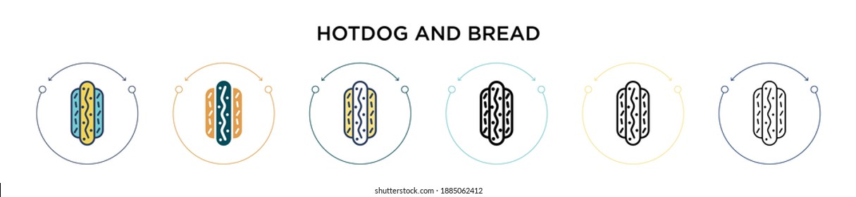 Hot Dog und Brot Symbol in gefüllt, dünne Linie, Umriss und Strich Stil. Vektorgrafik von zwei farbigen und schwarzen Hotdog-Designs und Brotvektorsymbolen kann für mobile, iPhone-, web-basierte