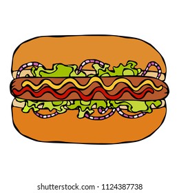 Hotdog. Bun, Sausage, Ketchup, Mustard, Salad Leave Herbs, Red Onion. Fast Food Collection. Hand Drawn High Quality Traced Vector Illustration. Doodle Style.