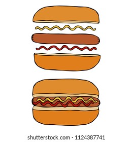 Hotdog. Bun, Sausage, Ketchup, Mustard. Fast Food Collection. Hand Drawn High Quality Traced Vector Illustration. Doodle Style.