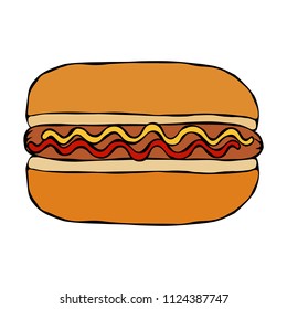Hotdog. Bun, Sausage, Ketchup, Mustard. Fast Food Collection. Hand Drawn High Quality Traced Vector Illustration. Doodle Style.
