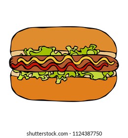 Hotdog. Bun, Sausage, Ketchup, Mustard, Salad Leave Herbs. Fast Food Collection. Hand Drawn High Quality Traced Vector Illustration. Doodle Style.