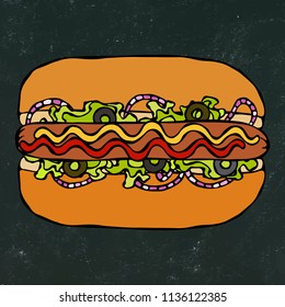 Hotdog. Bun, Sausage, Ketchup, Mustard. Fast Food Collection. Hand Drawn High Quality Traced Vector Illustration. Doodle Style. Black Chalkboard.