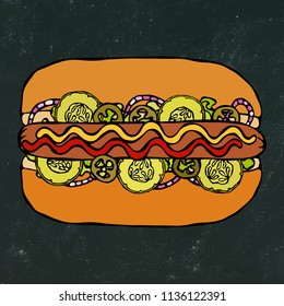 Hotdog. Bun, Sausage, Ketchup, Mustard. Fast Food Collection. Hand Drawn High Quality Traced Vector Illustration. Doodle Style. Black Chalkboard.