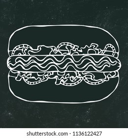 Hotdog. Bun, Sausage, Ketchup, Mustard. Fast Food Collection. Hand Drawn High Quality Traced Vector Illustration. Doodle Style. Black Chalkboard and White Chalk.