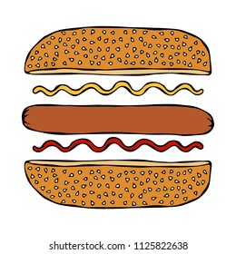 Hotdog. Bun with Sesame, Sausage, Ketchup, Mustard. Fast Food Collection. Hand Drawn High Quality Vector Illustration. Doodle Style.